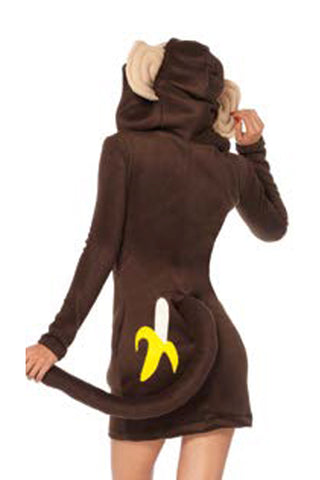 Cozy Monkey Costume – Women’s Fleece Animal Hoodie Dress with Banana Accent