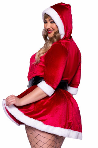 Plus Mrs Claus Costume, Velvet Hooded Dress with Oversized Santa Belt