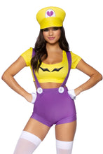 Load image into Gallery viewer, Three Piece Gamer Villain Costume Set , Mario Style Crop Top with Suspender Shorts
