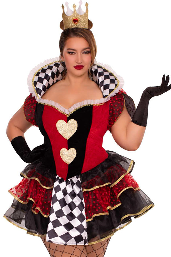 Plus Size Queen of Hearts Costume for Women – 2 PC Tiered Dress with Stay-Up Collar, Built-In Petticoat & Crown