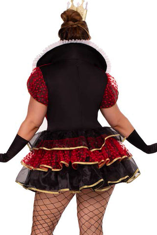 Plus Size Queen of Hearts Costume for Women – 2 PC Tiered Dress with Stay-Up Collar, Built-In Petticoat & Crown