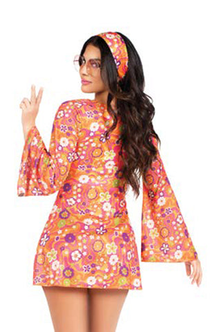 Six Pieces Hippie Chick Costume Set, Bell sleeve empire dress