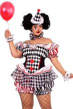 Load image into Gallery viewer, Plus Size Darling Harlequin Costume for Women – 4 PC Clown Outfit with Ruffle Trimmed Bloomer Romper, Wrist &amp; Neck Ruffles, and Hat Headband
