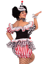 Load image into Gallery viewer, Plus Size Darling Harlequin Costume for Women – 4 PC Clown Outfit with Ruffle Trimmed Bloomer Romper, Wrist &amp; Neck Ruffles, and Hat Headband
