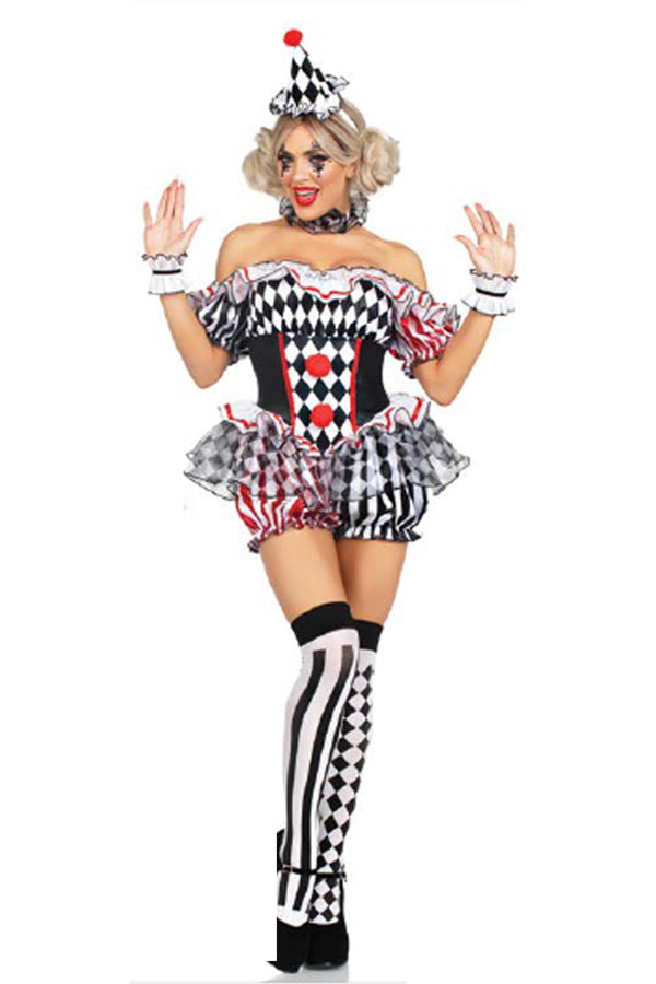 Four Pieces Darling Harlequin Costume Set – Ruffle Romper, Accessories & Headband