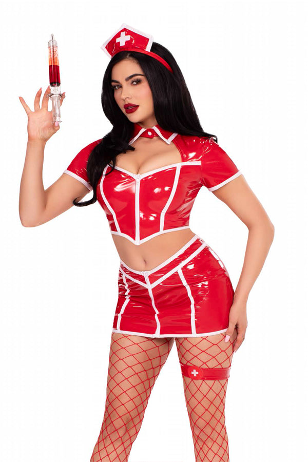 Red Alert Nurse Costume for Women – 4 PC Vinyl Crop Top, V-Front Skirt, Garter & Headband Set