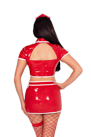 Red Alert Nurse Costume for Women – 4 PC Vinyl Crop Top, V-Front Skirt, Garter & Headband Set