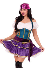 Load image into Gallery viewer, Tarot Card Temptress Costume for Women – 2 PC Fortune Teller Outfit with Tiered Skirt Dress, Sequin Sash &amp; Metallic Head Scarf
