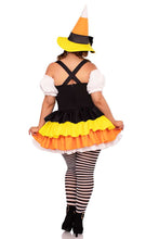Load image into Gallery viewer, Candy Corn Witch Costume for Women – 2 PC Halloween Dress with Tiered Skirt, Lace-Up Waist &amp; Matching Witch Hat
