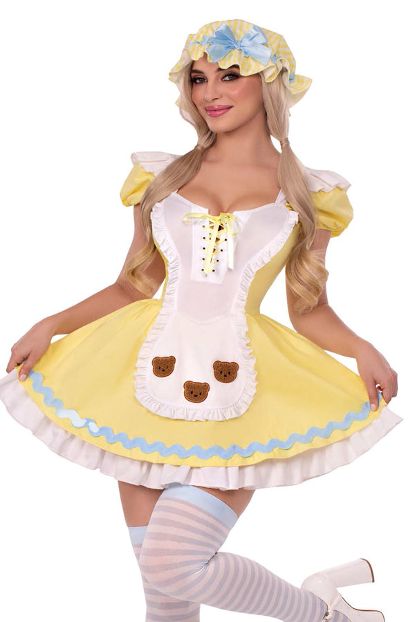 Three Piece Beary Cute Goldilocks Costume Set, Flouncy Apron Dress with Matching Bonnet