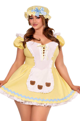 Three Piece Beary Cute Goldilocks Costume Set, Flouncy Apron Dress with Matching Bonnet