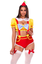 Load image into Gallery viewer, Double Trouble Darling Costume for Women – 3 PC Crop Top with Peter Pan Collar, Suspender Shorts with Bow Accent &amp; Hat Headband
