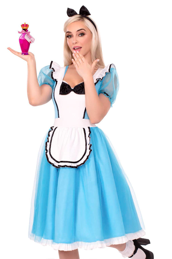 Looking Glass Alice Costume for Women – 2 PC Tulle Dress with Attached Apron & Bow Headband