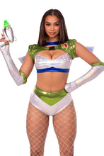 Load image into Gallery viewer, Intergalactic Ranger Costume for Women – 4 PC Holographic Crop Top, Wing Harness, Bottoms &amp; Fingerless Gloves
