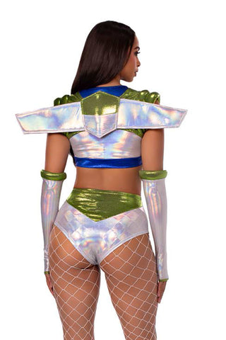 Intergalactic Ranger Costume for Women – 4 PC Holographic Crop Top, Wing Harness, Bottoms & Fingerless Gloves