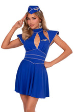 Load image into Gallery viewer, First Class Hottie Costume for Women – 2 PC Flight Attendant Dress with Badge Accent &amp; Matching Hat Headband
