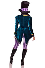 Load image into Gallery viewer, Classic Mad Hatter Costume – 3 PC Jumpsuit with Checkerboard-Trimmed Velvet Tailcoat, Bow Tie &amp; Hat
