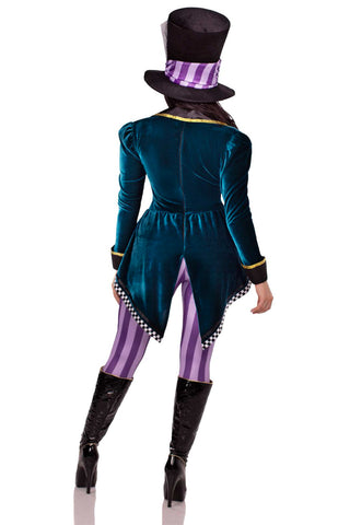 Classic Mad Hatter Costume – 3 PC Jumpsuit with Checkerboard-Trimmed Velvet Tailcoat, Bow Tie & Hat