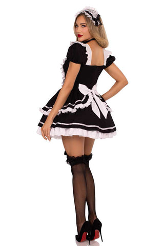 Maid to Flirt Costume for Women – 4 PC Ruffle Dress with Lace-Up Bodice, Back Bow, Cameo Choker & Headband