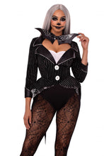 Load image into Gallery viewer, Halloween Baddie Costume for Women – 2 PC Striped Velvet Bodysuit with Snap Crotch &amp; Wing Bow Tie
