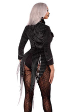 Load image into Gallery viewer, Halloween Baddie Costume for Women – 2 PC Striped Velvet Bodysuit with Snap Crotch &amp; Wing Bow Tie
