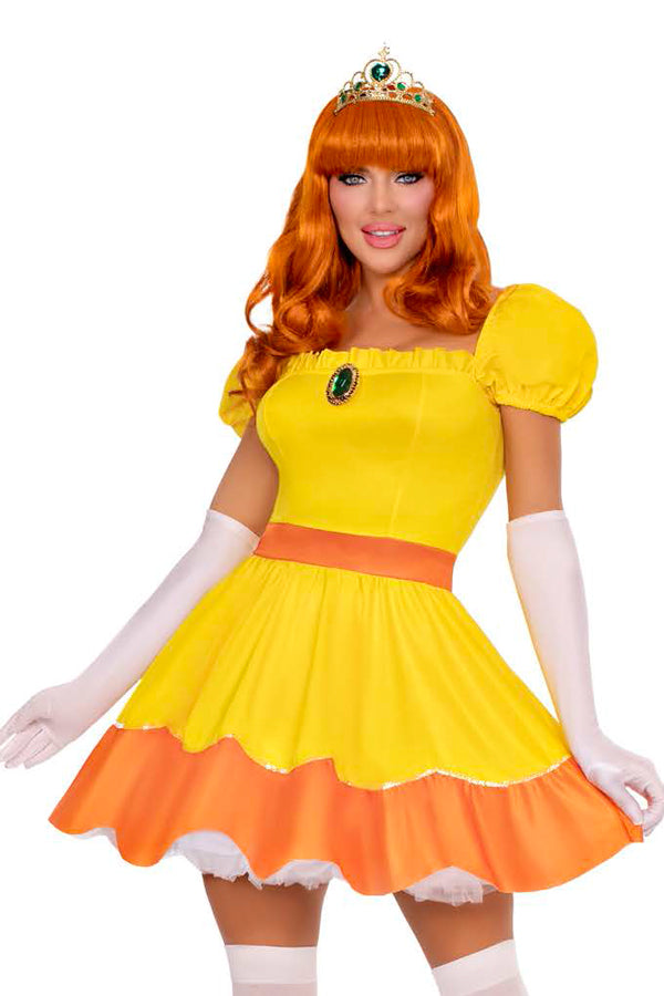 Sunflower Princess Costume for Women – 4 PC Sequin-Trimmed Dress with Pin-On Brooch, Gloves & Crown
