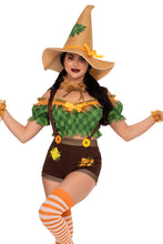 Load image into Gallery viewer, Scarecrow Sweetie Costume for Women – 5 PC Set with Top, Suspender Shorts, Patch Accents, Wrist Cuffs &amp; Hat
