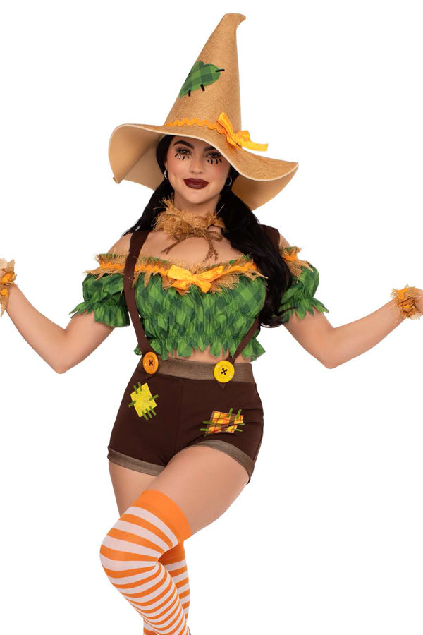 Scarecrow Sweetie Costume for Women – 5 PC Set with Top, Suspender Shorts, Patch Accents, Wrist Cuffs & Hat