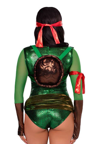 Renegade Ninja Hero Costume for Women – 12 PC Bodysuit with Padded Abs, Sash, Thigh Highs, Headbands, Arm Bands & Shell Backpack