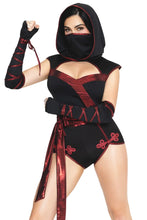 Load image into Gallery viewer, Shadow Strike Ninja Costume for Women, 3-Piece Ninja Halloween Costume with Black Open-Back Romper, Metallic Red Sash, Lace-Up Gloves &amp; Hooded Face Mask
