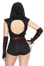 Load image into Gallery viewer, Shadow Strike Ninja Costume for Women, 3-Piece Ninja Halloween Costume with Black Open-Back Romper, Metallic Red Sash, Lace-Up Gloves &amp; Hooded Face Mask
