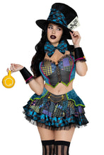 Load image into Gallery viewer, Darling Mad Hatter Costume for Women, 5-Piece Wonderland Halloween Costume with Patchwork Crop Top, Layered Mini Skirt, Bow Tie, Cuffs &amp; Hat
