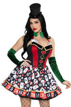 Load image into Gallery viewer, Lady Luck Costume for Women, 3-Piece Y2K Casino Halloween Costume with Playing Card Dress, Dollar Sign Bow Tie &amp; Velvet Gloves
