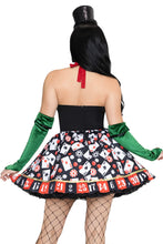 Load image into Gallery viewer, Lady Luck Costume for Women, 3-Piece Y2K Casino Halloween Costume with Playing Card Dress, Dollar Sign Bow Tie &amp; Velvet Gloves
