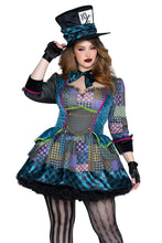 Load image into Gallery viewer, Charming Mad Hatter Costume for Women, 3-Piece Plus Size Wonderland Halloween Costume with Patchwork Dress, Oversized Bow Tie &amp; Top Hat
