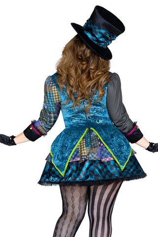 Charming Mad Hatter Costume for Women, 3-Piece Plus Size Wonderland Halloween Costume with Patchwork Dress, Oversized Bow Tie & Top Hat
