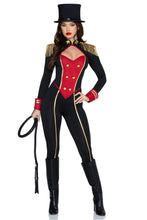 Load image into Gallery viewer, Commanding Ringmaster Costume for Women, 1-Piece Circus Halloween Costume with Black Jumpsuit, Red Inset, Gold Accents &amp; Fringed Epaulettes
