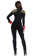 Load image into Gallery viewer, Commanding Ringmaster Costume for Women, 1-Piece Circus Halloween Costume with Black Jumpsuit, Red Inset, Gold Accents &amp; Fringed Epaulettes
