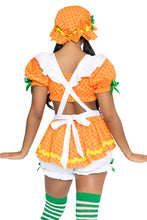 Load image into Gallery viewer, Blossom Babe Costume for Women, 3-Piece Orange Fruit Halloween Costume with Polka Dot Crop Top, Bloomer Suspender Skirt &amp; Matching Ruffled Bonnet

