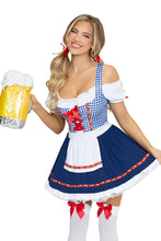 Load image into Gallery viewer, Oktoberfest Cutie Costume for Women, 1-Piece Bavarian Halloween Costume with Blue Gingham Dirndl Dress, Lace-Up Bodice, Peasant Sleeves &amp; Attached Apron
