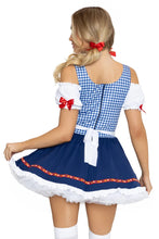 Load image into Gallery viewer, Oktoberfest Cutie Costume for Women, 1-Piece Bavarian Halloween Costume with Blue Gingham Dirndl Dress, Lace-Up Bodice, Peasant Sleeves &amp; Attached Apron
