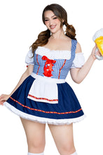 Load image into Gallery viewer, Oktoberfest Cutie Costume for Women, 1-Piece Bavarian Halloween Costume with Blue Gingham Dirndl Dress, Lace-Up Bodice, Peasant Sleeves &amp; Attached Apron
