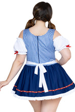 Load image into Gallery viewer, Oktoberfest Cutie Costume for Women, 1-Piece Bavarian Halloween Costume with Blue Gingham Dirndl Dress, Lace-Up Bodice, Peasant Sleeves &amp; Attached Apron
