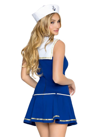 Sailor Sweetie Costume for Women, 3-Piece Y2K Sailor Halloween Costume with Blue Pleated Mini Dress, Rope Belt & Sailor Hat