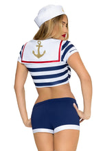 Load image into Gallery viewer, Pin-Up Sailor Costume for Women, 3-Piece Sailor Halloween Costume with Striped Crop Top, Fitted Shorts &amp; Matching Sailor Hat
