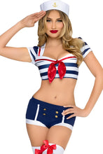 Load image into Gallery viewer, Pin-Up Sailor Costume for Women, 3-Piece Sailor Halloween Costume with Striped Crop Top, Fitted Shorts &amp; Matching Sailor Hat
