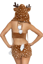 Load image into Gallery viewer, Furry Fawn Costume for Women, 4-Piece Y2K Deer Halloween Costume with Lace-Up Halter Top, Faux Fur Shorts, Antler Hood &amp; Leg Warmers
