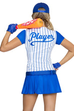 Load image into Gallery viewer, Home Run Hitter Costume for Women, 5-Piece Y2K Baseball Halloween Costume with Pinstripe Dress, Belt, Gloves, Cap &amp; Inflatable Bat
