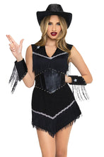 Load image into Gallery viewer, Rodeo Star Costume for Women, 3-Piece Western Cowgirl Halloween Costume with Fringed Mini Dress, Waist Cincher &amp; Matching Wrist Cuffs
