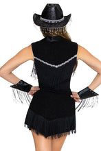 Load image into Gallery viewer, Rodeo Star Costume for Women, 3-Piece Western Cowgirl Halloween Costume with Fringed Mini Dress, Waist Cincher &amp; Matching Wrist Cuffs
